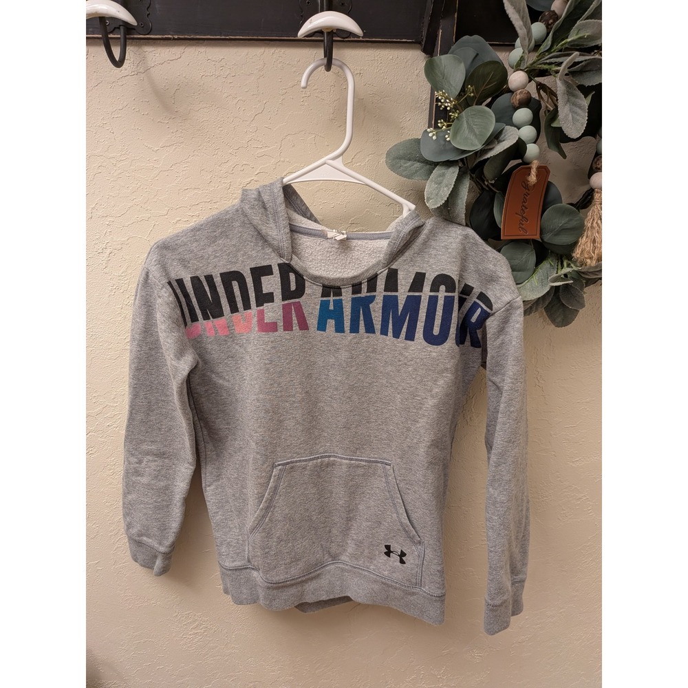 Under Armour Girls ColdGear Hoodie Gray Multi Color Logo Pullover Youth Medium